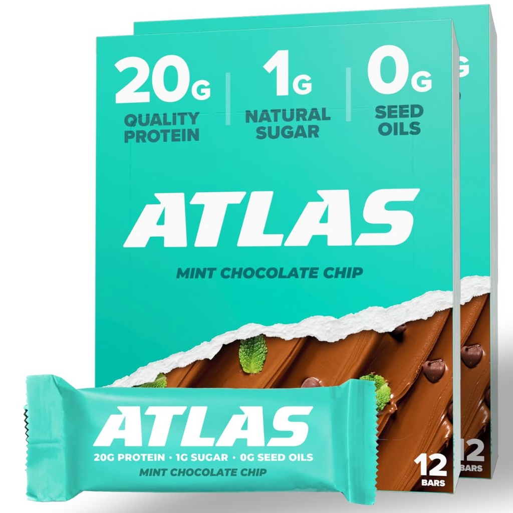 Atlas Protein Bar, 20g Protein, 1g Sugar, Clean Ingrediens, Gluten Free, Mint Chocolate Chip (12 Count, Paket 2)