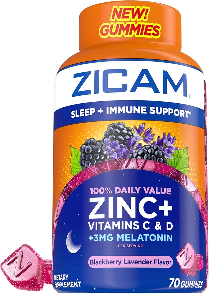 Dukungan Imunitas Zicam Tidur +. Zinc, Gummy Supplement, BlackBerry Lavender Flavor, Vitamin C dan Vitamin D, 3mg Meltonin per Serving, 70 Count