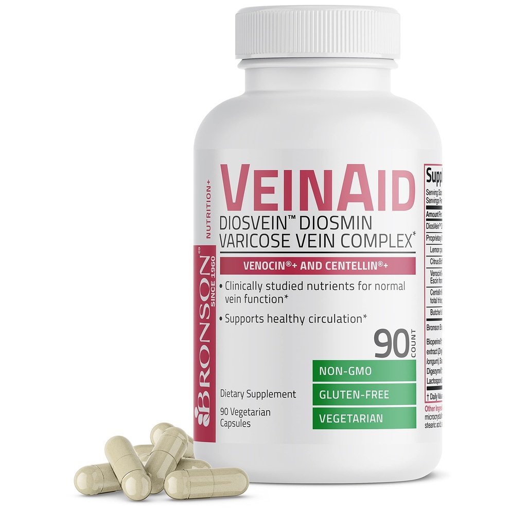 Bronson VeinAid Diosmin 10000mg DiosVein Varicose Vein Complex with Venocin & Centelling, 90 Vegetarian Capsules