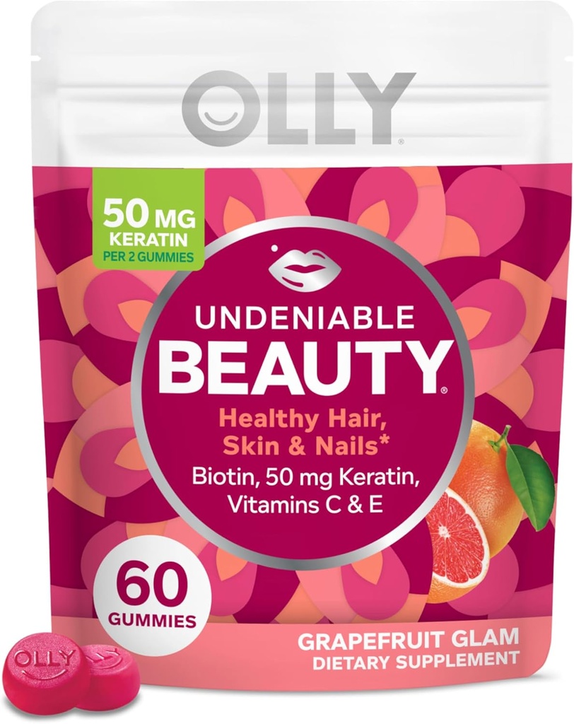 OLLY Undeniable Beauty Gummy, For Hair, Skin, Nails, Biotin, Vitamin C, Keratin, Chewable Supplement, Grapefruit, 30 Hari Supply - 60 Count