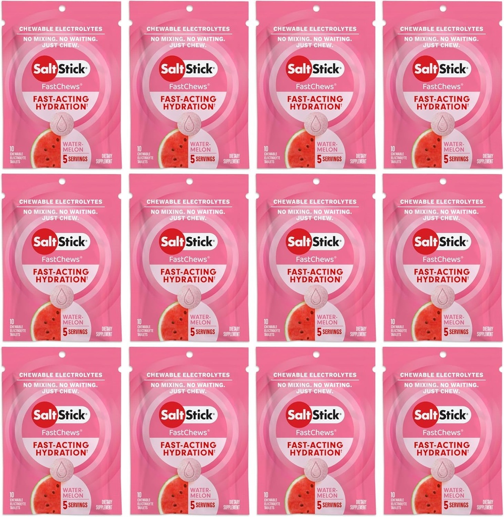 SaltStick Electrolite FastChews - 120 Count Watermelon Flavor - Electrolite Tablet untuk Hidration, Salt Tab - 10 Cacah (Paket 12)