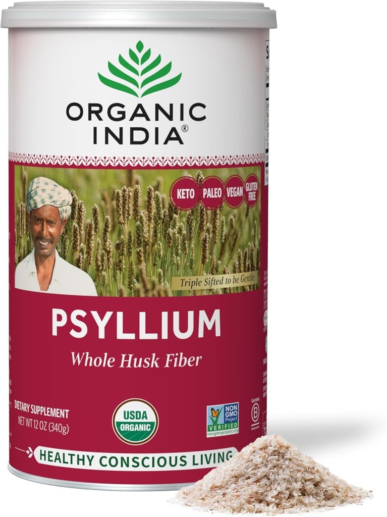 Organic INDIA Whole Psyllium Husk Powder Organic - Psyllium Husk Fiber Suplement, Diffic Support, Vegan, Gluten- Free, Non-GMO, Soluble & Implembble Fiber Sober Sober Sober Sober Sober Sumber - 12 oz (Paket 1)