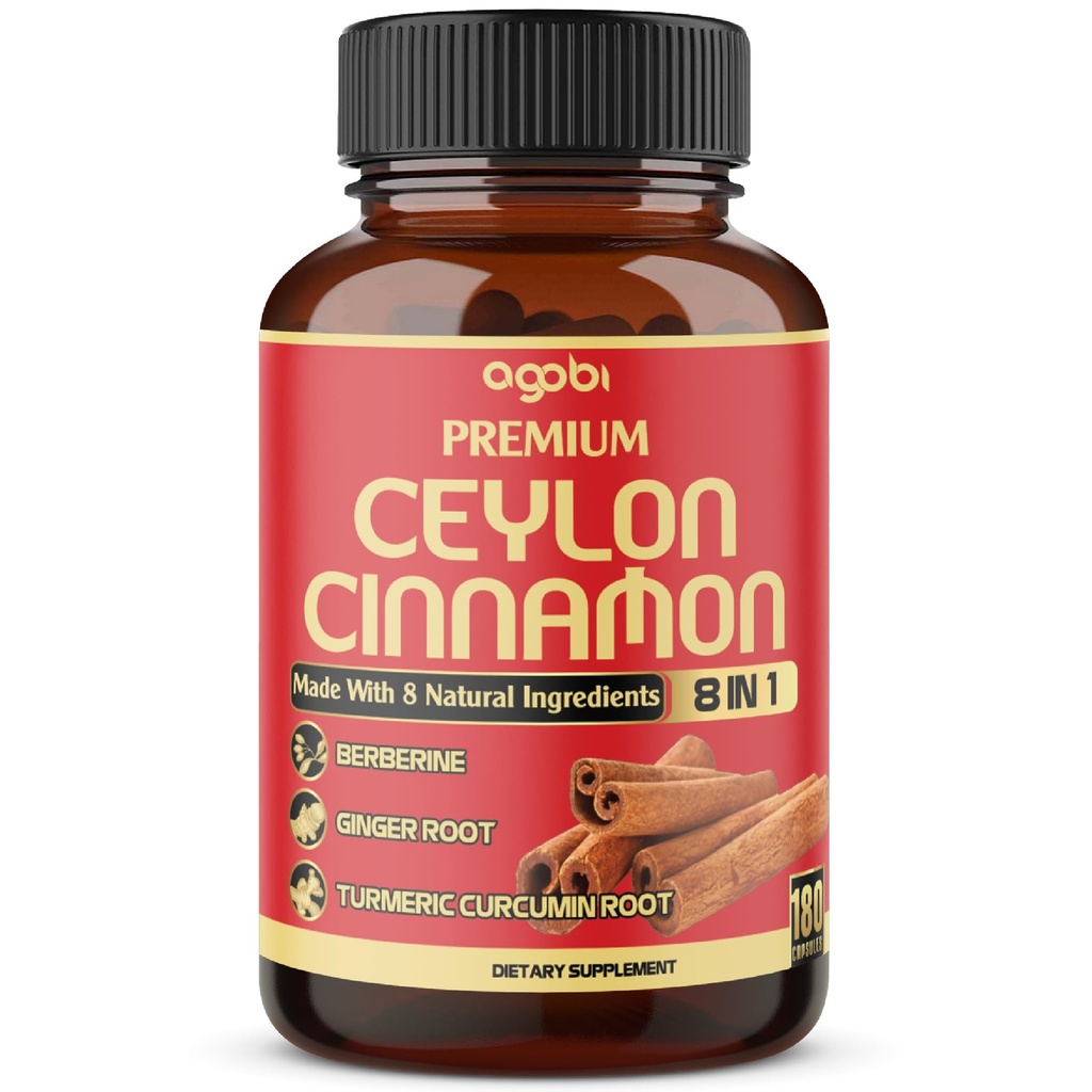 Premium Ceylon Cinnamon dengan Suplemen Berberine - 8in1 Turmeric, Ginger, Gymnema & More - Heart & Overall Vitalitas - 180 Kapsul