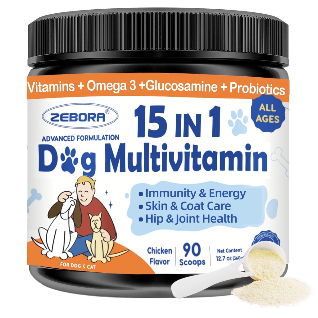 ZEBORA Dog Multivitamin Powder dengan Glucosamine, Dog Vitamin dan Suplemen untuk Dukungan Imune, Skin dan Coat Suplemen dengan Omega 3 untuk Bantuan Allergy, Prograin untuk Kesehatan Digetical & Gut
