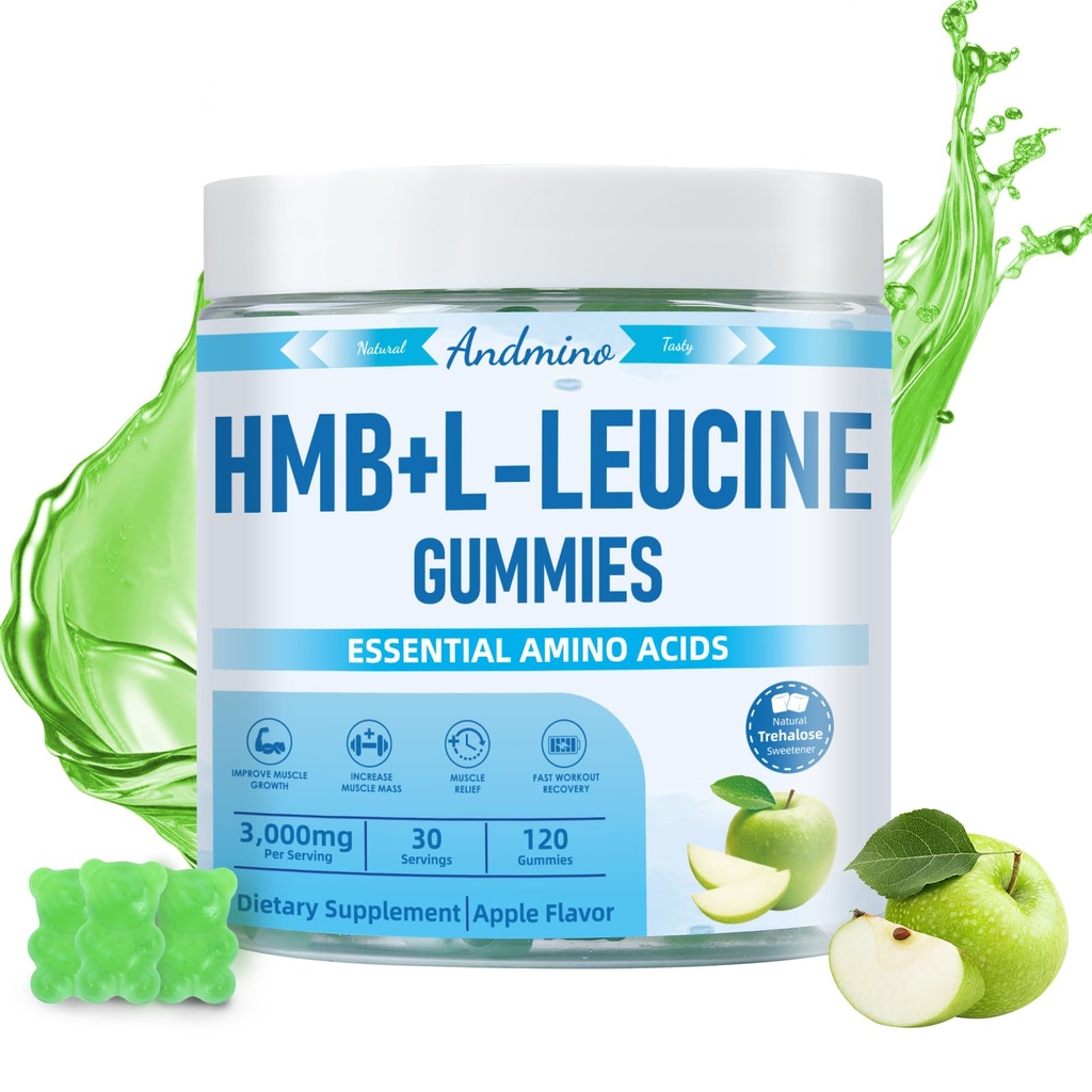 HMB dan L-Leucine Gummies, 3000mg, dengan Trehalose, untuk Muscle Growth, Muscle Relief dan Workout Recovery, untuk Dewasa & Elders, Non- GMO, Vegan, Gluten Free, Apple Flavor, 120