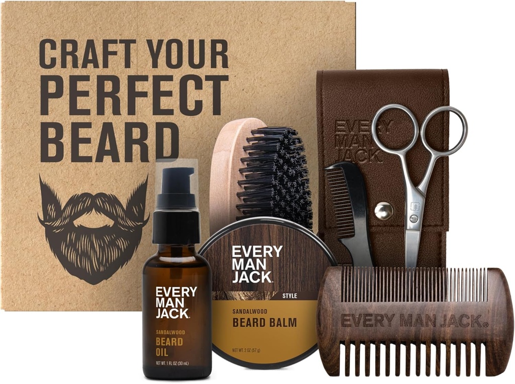 Setiap Man Jack Grooming Kit untuk Pria - termasuk Sandalwood Beard Oil & Beard Balm, Beard Brush, Wooden Dualside Comb, Gunting Trimming dan Kumis
