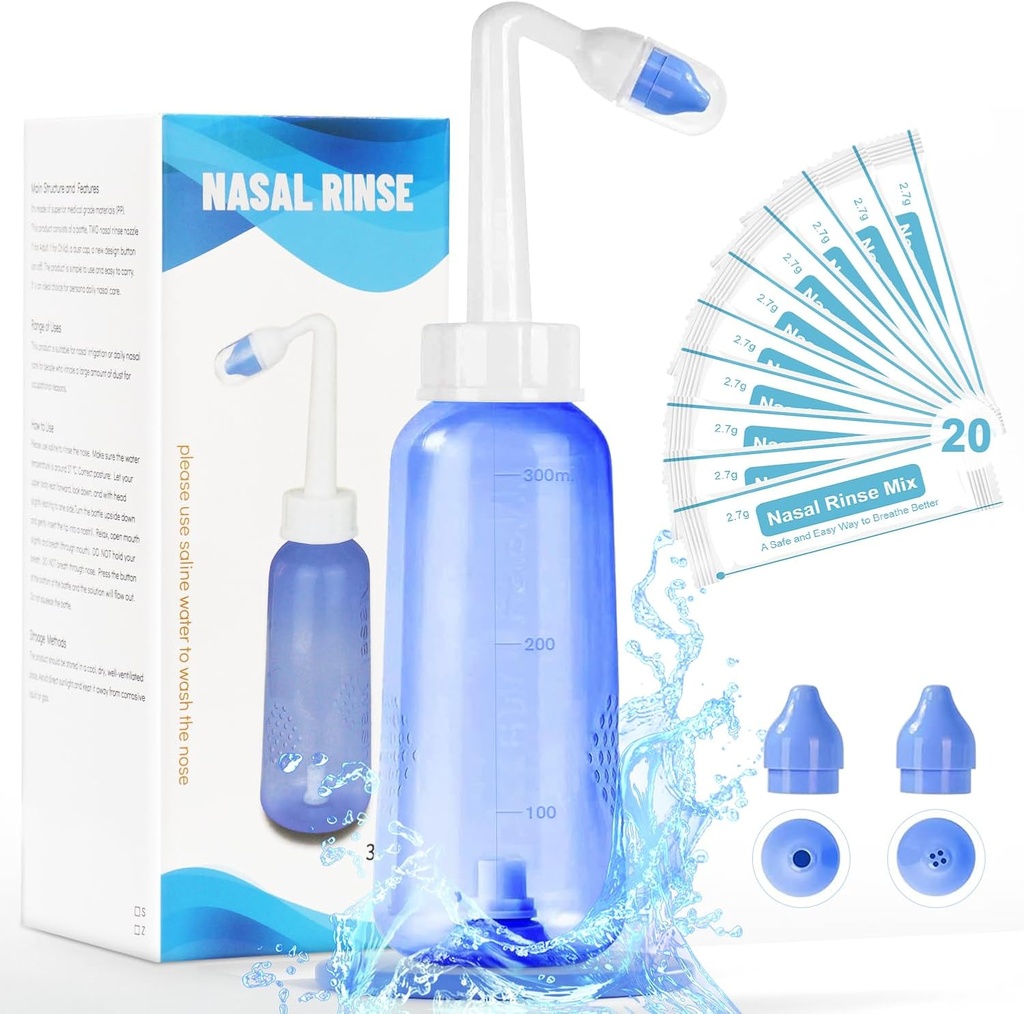 Neti Pot Sinus Rinse Bottle - Gentle Nasal Wash Bottle Nose Cleaner for Effective Pressure Irrigatio 300 ML dengan 20 Paket Garam Nasal Wash