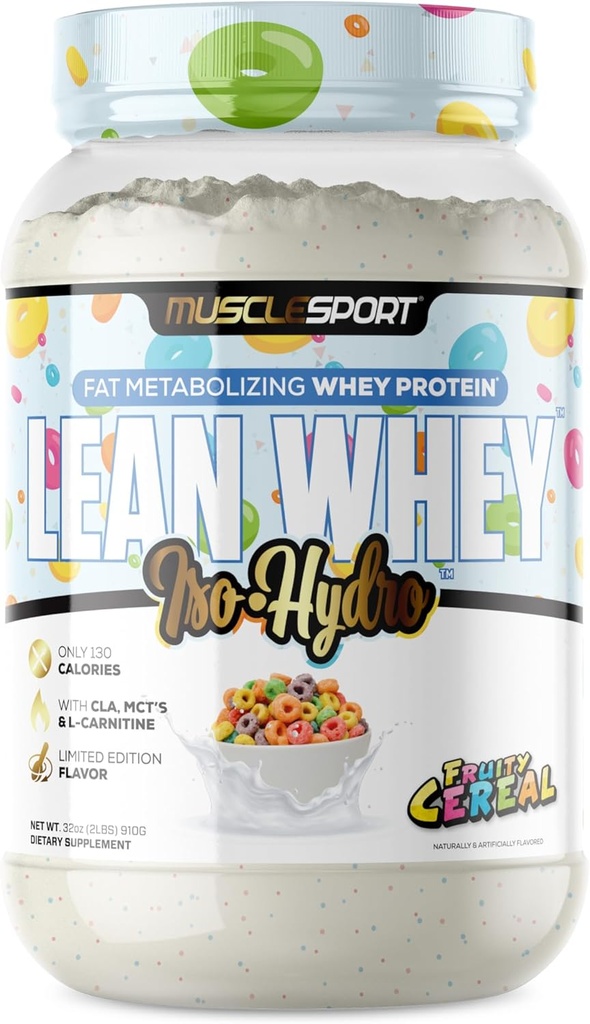 Musclesport Lean Whey Revolution Protein Powder - Whey Protein Isolate - Low Calorie, Low Carb, Low Fat, Incredible Flavors - 25g Protein per Scoop (2lb, Fruity Cereal)