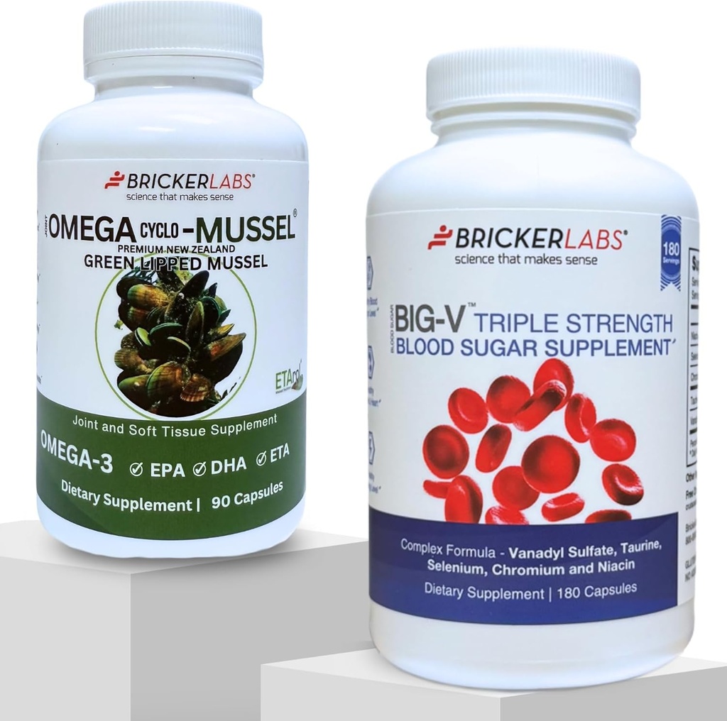 Bricker Labs Gabungan Komfort dan Sugar Saldo 124; Omega Cyclo Mussel untuk Kesehatan Gabungan + Big- V Tiga Kekuatan Vanadyl untuk Dukungan Gula Darah