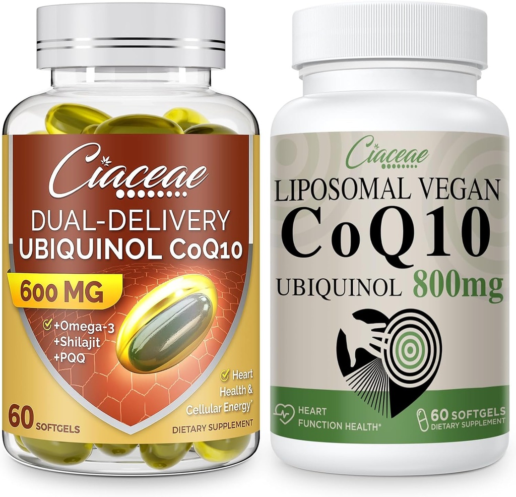Lipomal CoQ10 800mg 1PCS Bundle dengan Ubiquinol CoQ10 600 MG Softgels dengan Omega-3 & Shilajit & PQ 1PCS