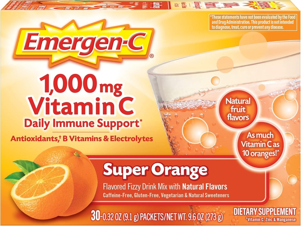 Emergen- C 100mg Vitamin C Powder untuk Daily Imune Dukungan Caffeine Free Vitamin C Suplemen dengan Zinc dan Manganese, B Vitamin dan Electrolites, Super Orange Flavor - 30 Count