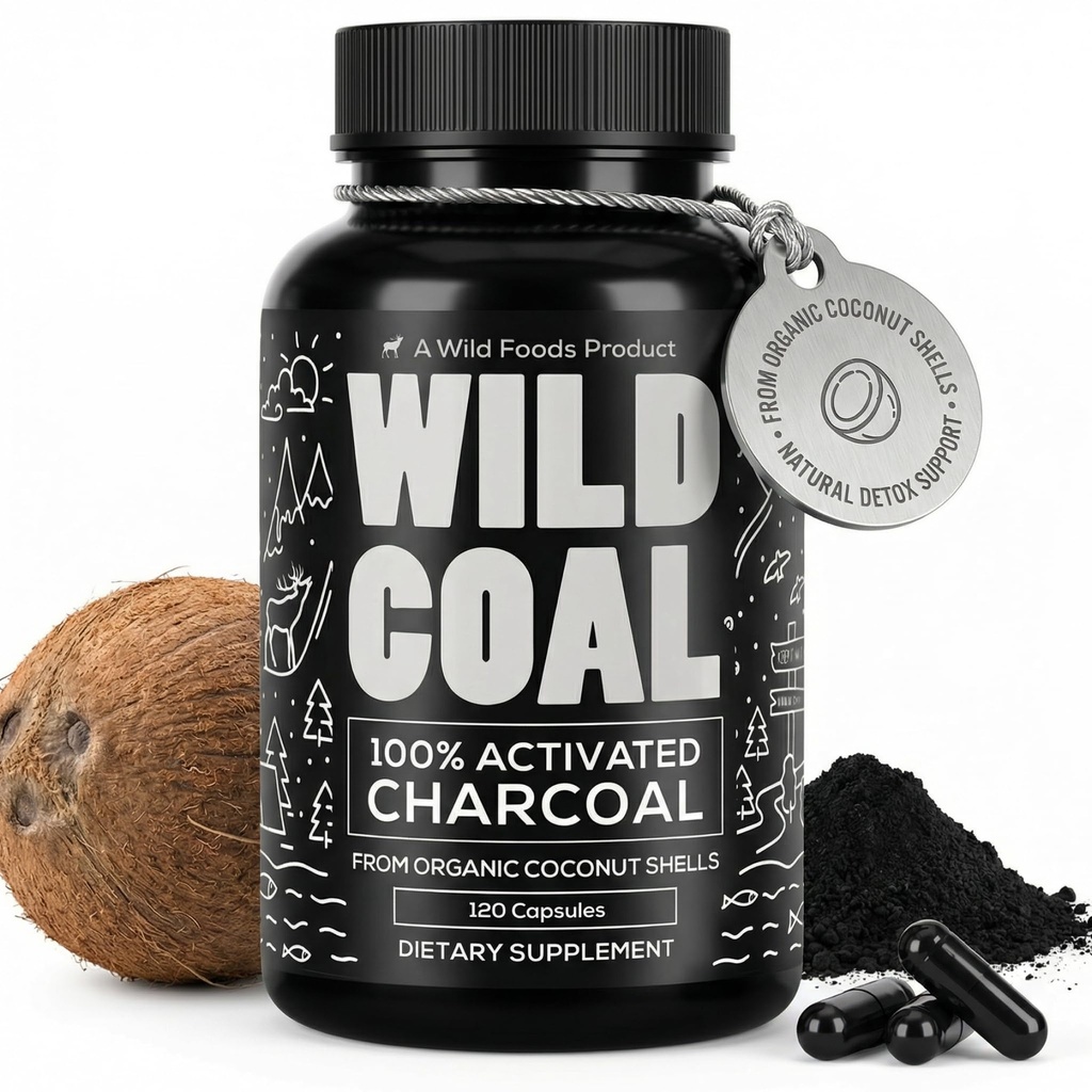Wild Foods Activated Charcoal Capsules 124; 100% Amoranic Coconls Active Tablets for Bloating & Hangover 124; Lab Test & Non-GMO Detox Pill 124; Made in USA (120 Capsules)
