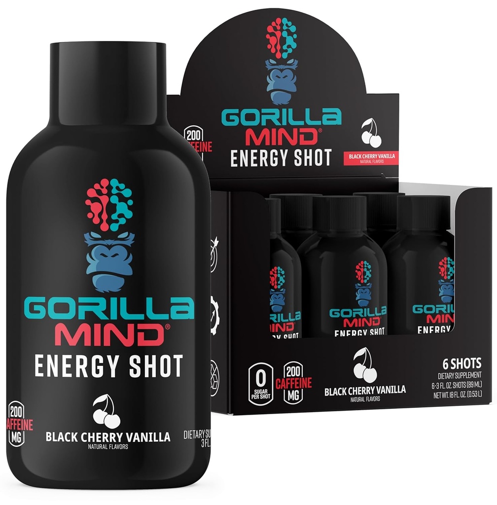 Gorilla Mind Energy Shots (Pack of 6) - Enhanced Focus & Energy, Sugar- Free, Fast-Acting, Powerformula with Vitamin & Natural Extracts (Black Cherry Vanilla)