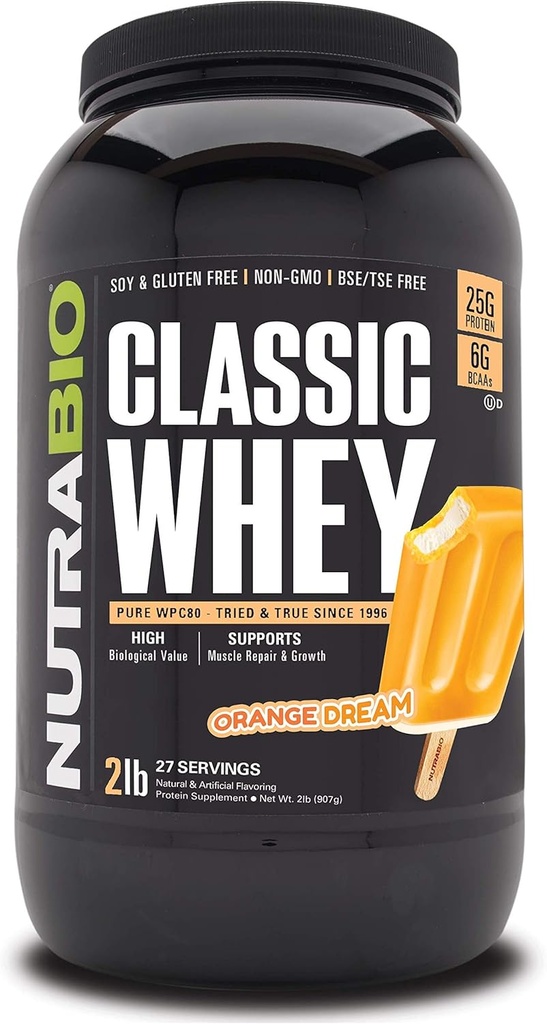 NutraBio Classic Whey Protein Powder - 25G of Protein Per Scoop - Full- Spectrum Amino Acid - Tidak Ada Pemasang, Warna Buatan, Pengawet - Orange Dream, 2 Pounds