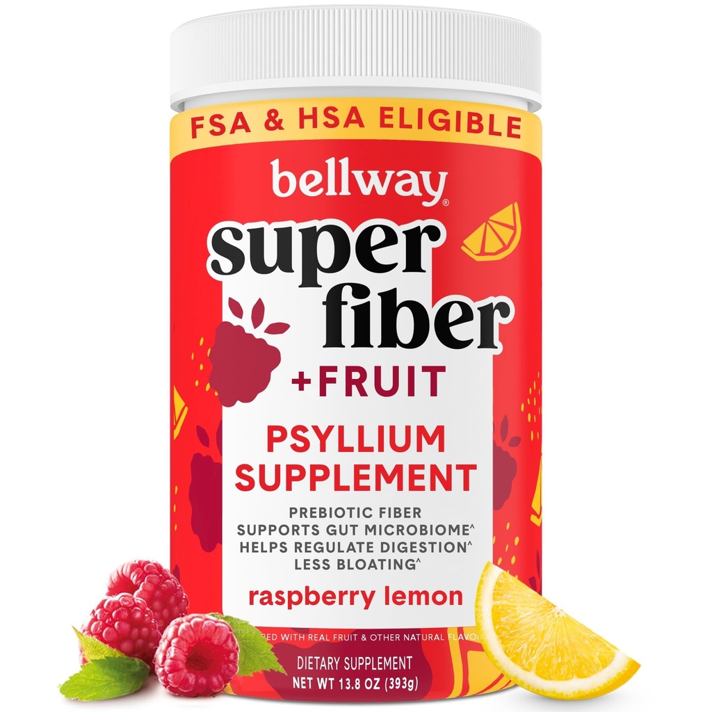 Bellway Super Fiber Powder + Fruit, Sugar Free Organic Psyllium Husk Powder Suplement for Regularitas, Bloating Relief & Digetical Health, Plant - Based, Raspberry Lemon (50 Servis)