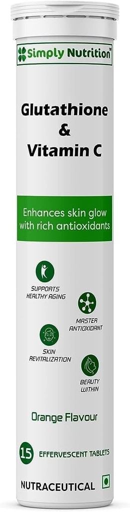 Glutathione dengan Vitamin C, untuk Sehat dan Skin Muda - Evens Skin Tone untuk Pria & Perempuan. Sugar-Free, Orange Flavour, 15 Effervescent Tablet (Paket 1)