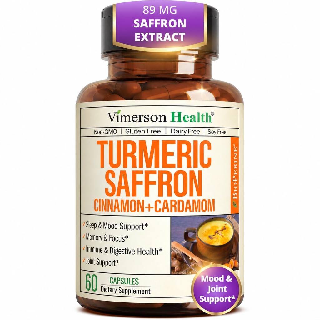 Suplemen Saffron - 89mg Saffron Extract dan 10000mg Tumeric Blend - Turmeric Suplemen dengan Cinnamon Ceylon dan Cardamom untuk Mood, Memori & Eye Kesehatan - Persediaan Bersama untuk Perempuan & Pria - 60 Cacah