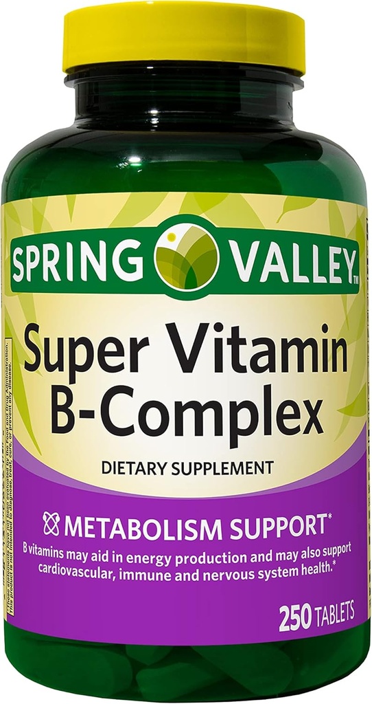 Augu Spring Valley Super Vitamin B- Kompleks, Metabolisme Dukungan, Tablet Tambahan Dieter, 250 Cacah