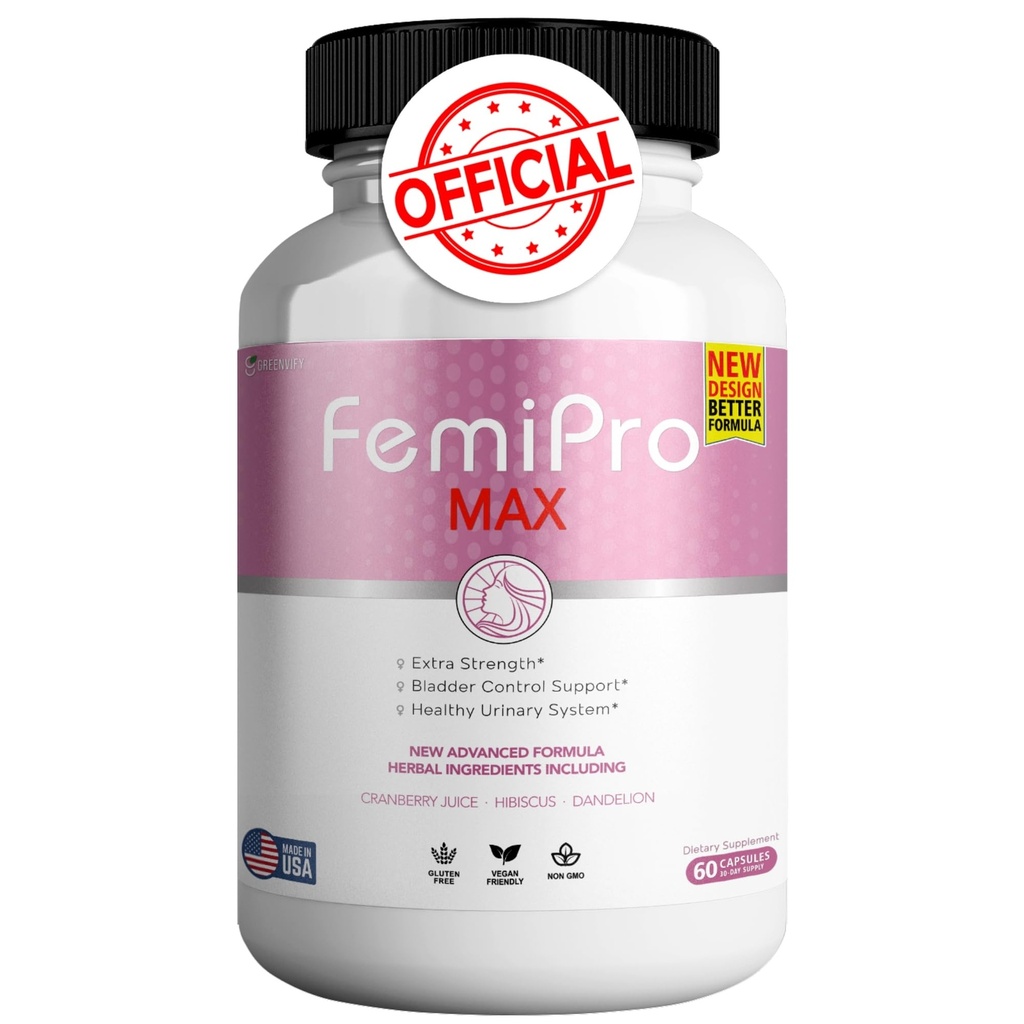 FemiPro MAX Women 's Urinary Supplement, 60 Capsules, Extra Power Bladder Control dengan Cranberry, Hibiscus, Dandelion, Vegan, Gluten Free (1)