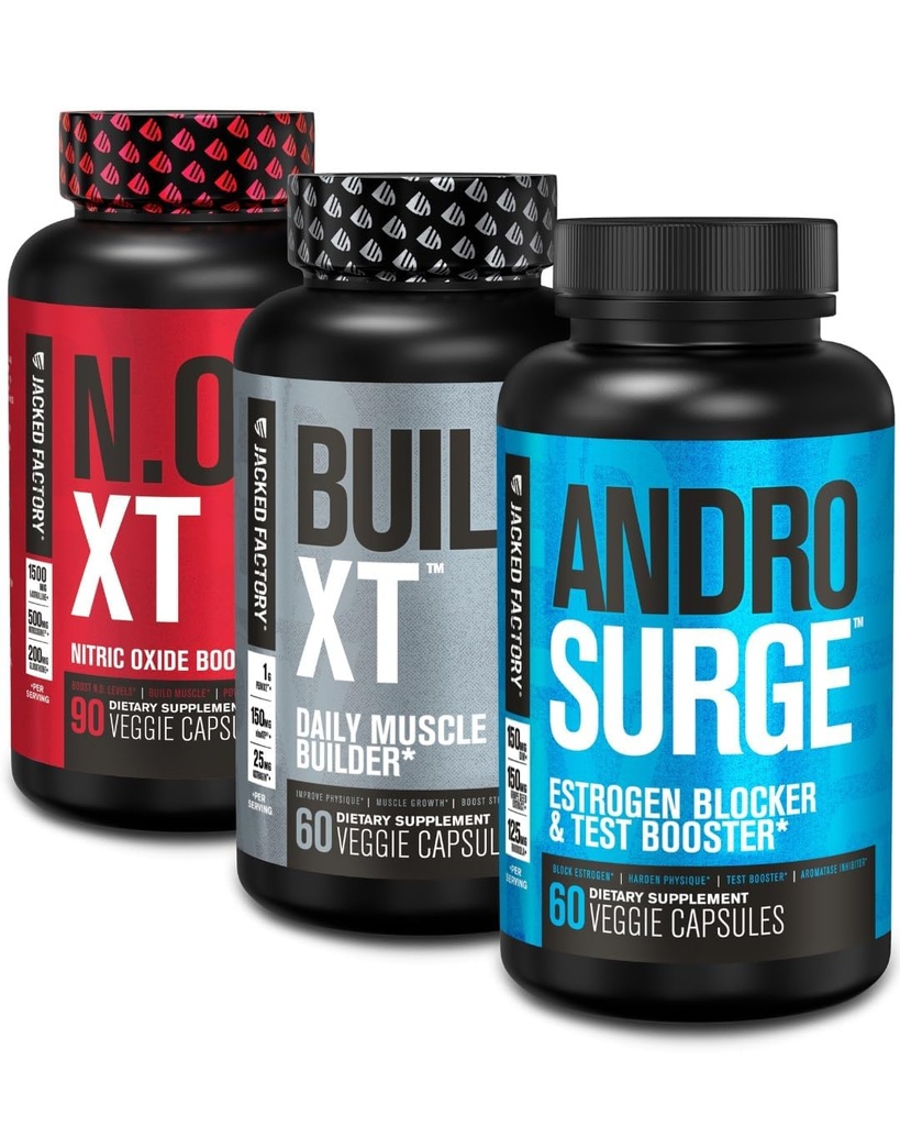 Jacked Factory N.O. XT Nitric Oxide Suplement, Build-XT Muscle Builder, & Androsdesist Estrogen Blocker for Men