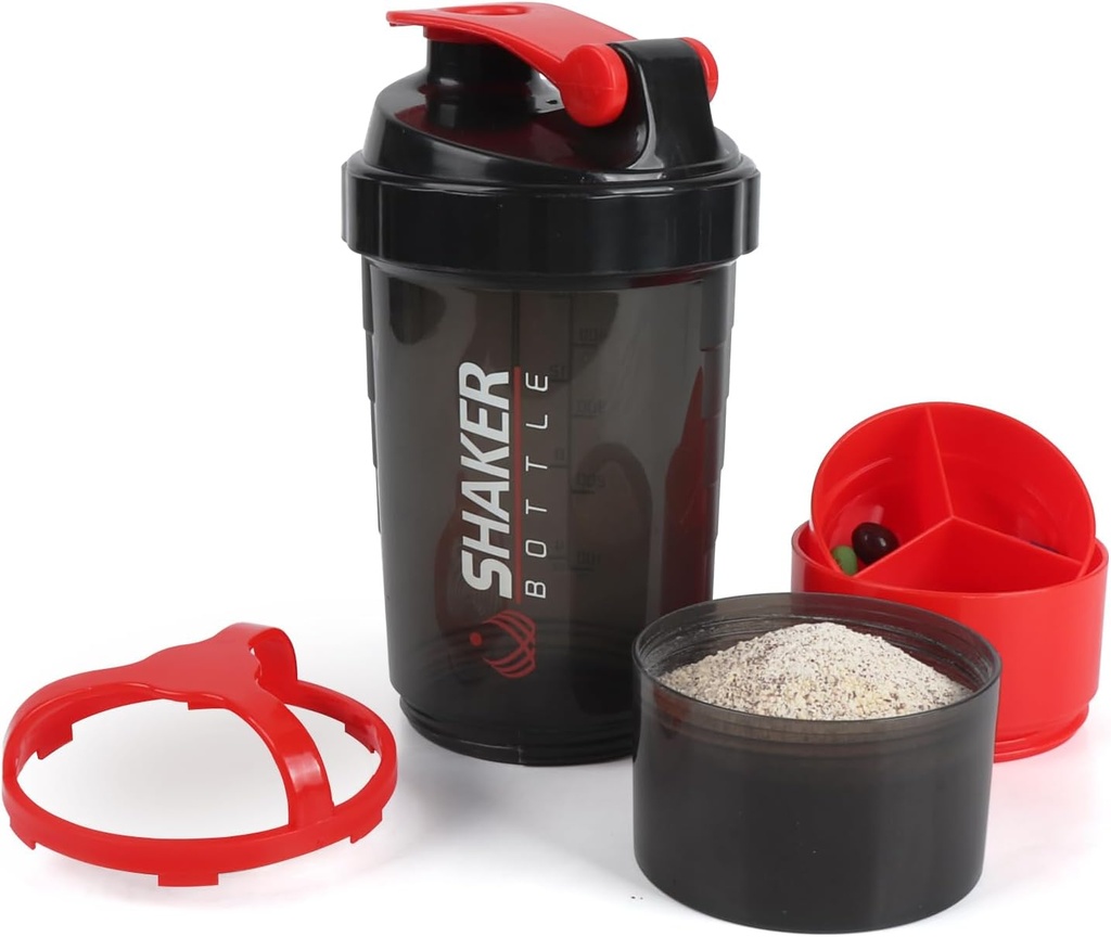 Shake Cup Shake, 16oz Protein Sake Bottles dengan Mixing Ball, 3 dalam 1 Leak- bukti GYM Shake Cup dengan Powder Storage & Pill Tray, Ideal untuk Workout, BPA Free Averred