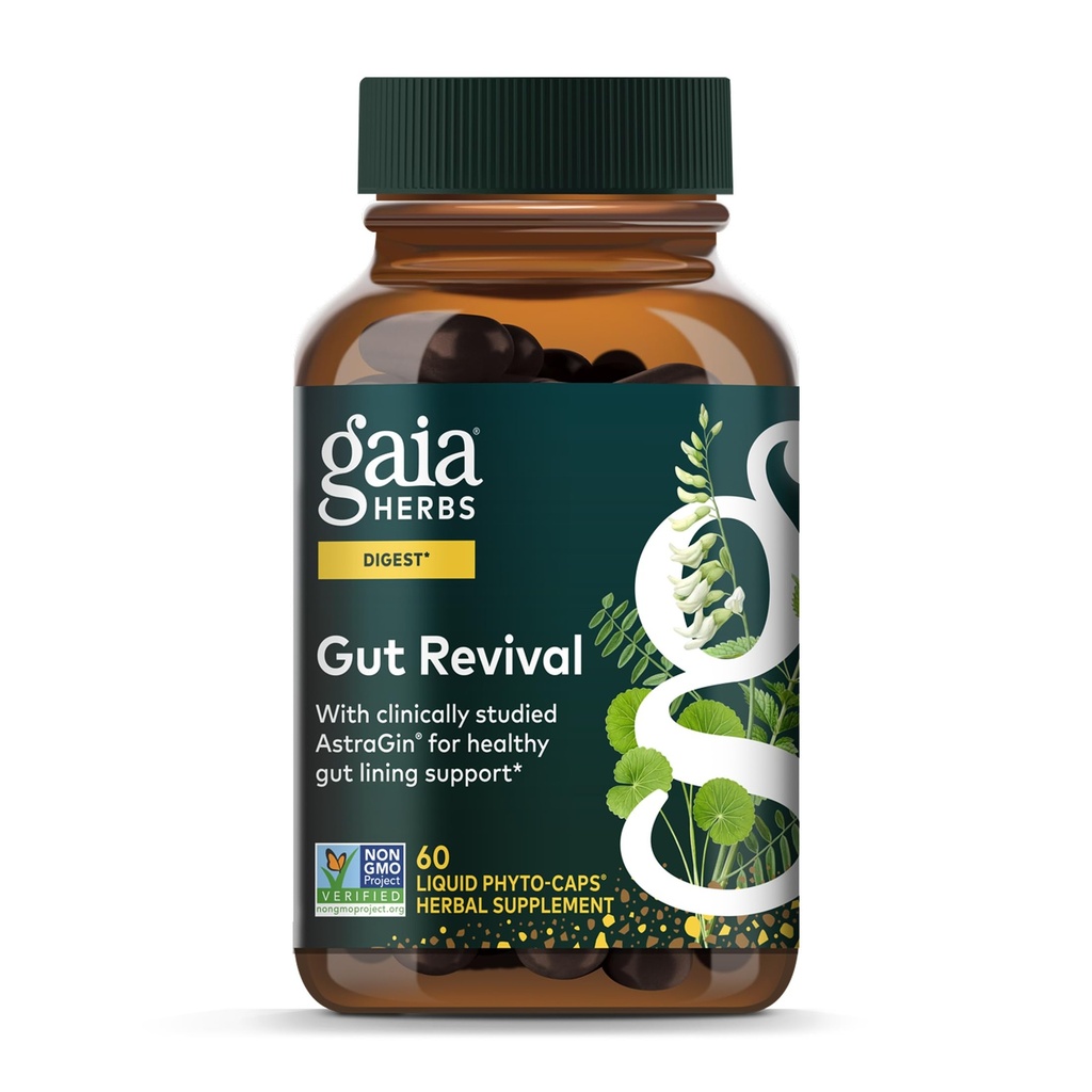 Gaia Herbs Gut Revival - Herbal Digetical Suplement untuk Mendukung Kesehatan Gut - Dibuat dengan Astragalus, Gotu Kola, Jujube & More - Bebas dari Dairy, Soy & Gluten - 60 Vegan Capsules (60 Pelayan)
