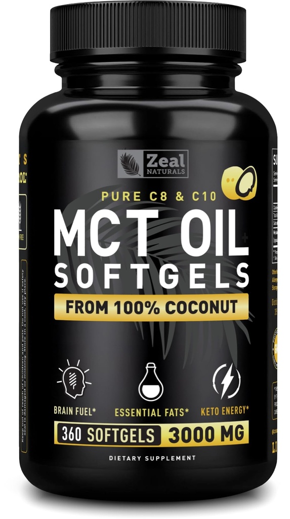 Kapsul MCT Oil murni (360 Softgeels 124; 3000mg) 4 Bulan Pasokan Keto Pills w Unfure Coconut - C10 & C8 Otak Fuel, Energi, Octane Ketosis