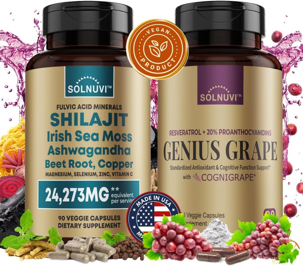 Cognitive Wellness Bundle - Resveratrol Complex & Shilajit Fulvic Acid Minerals - Moss laut, Ashwagandha, Clinical Tested Cognigraper Red Grape Extract - Non-GMO, Glutenfree, Vegan Suplemen