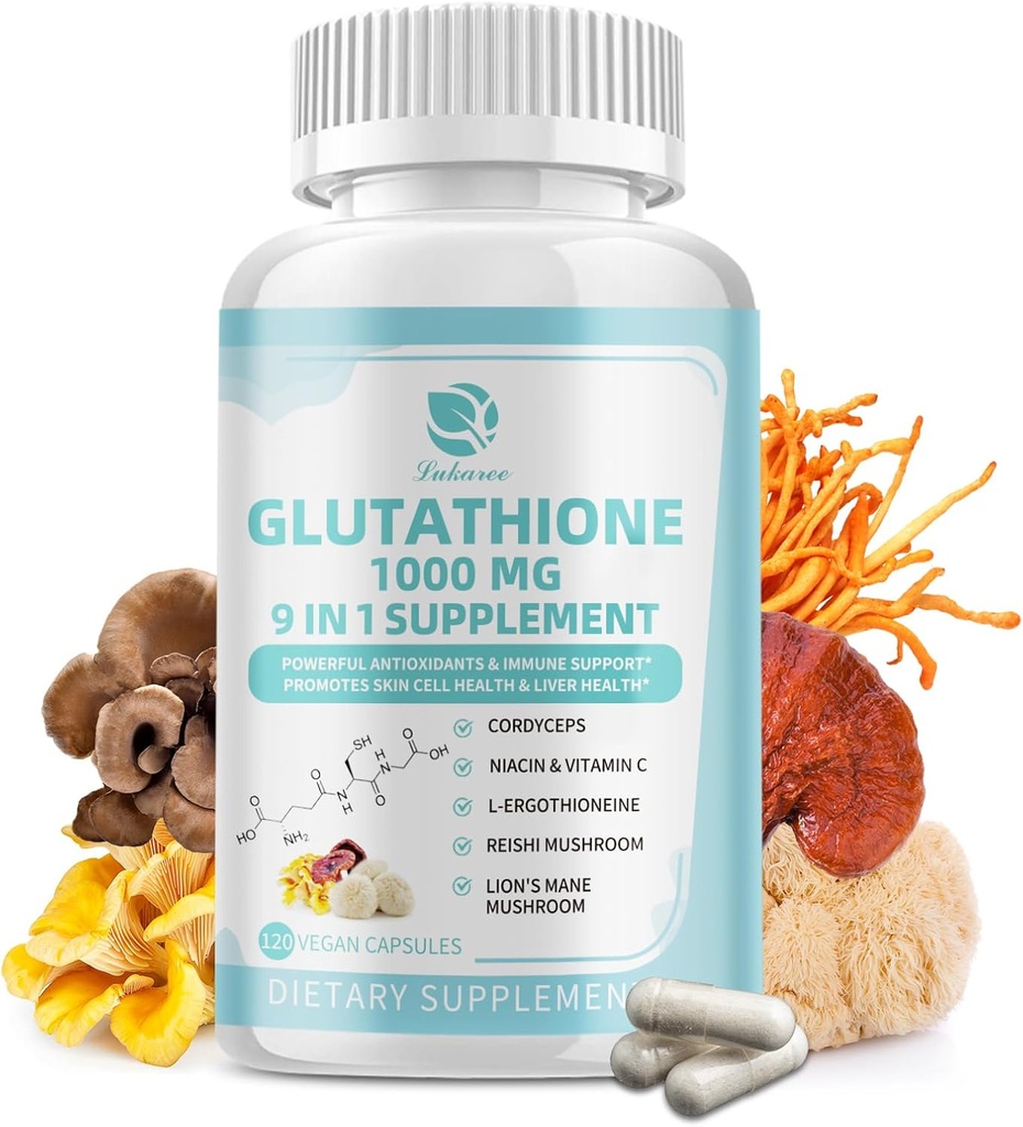 Tambahan Glutathione 1.000 mg, Suplemen Jamur dengan Vitamin C, Niacin - Detox Liver, Dukungan Imune dan Antioksidan, Mengurangi L- Glutathione 120 Vegan Capsules - Non GMO