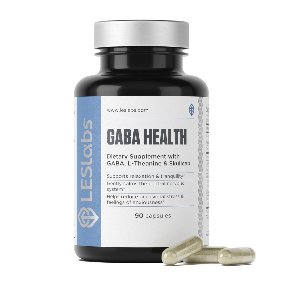 LES Labs GABA Kesehatan - Tenang Pikiran & Relaxation, Stress Relief, Dukungan Neurotransmitter & Deep Sleep - GABA, Taurine, Passionflower, Skullcap, L- Theanine & Magnesium - Non-GMO Tambahan - 90 Capsules