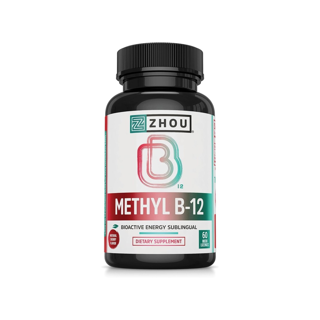 Zhou Metil B12 - Metil B-12 Tambahan untuk Perempuan & Pria, Vitamin B12 5000 mcg, Vegan Friendly, Energi Sel dan Fungsi Nerve Dukungan, 60 Micro Lozenges