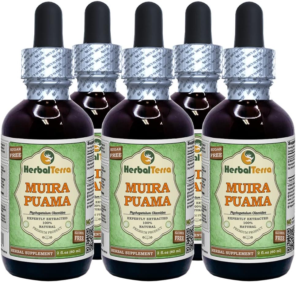 Muira Puama (Ptychopetalum Oyacoides) Glycerite, Organic Alcohol- Free Liquid Extract (Nama Merek: HerbalTerra, Proughtly Made in USA) 5x2 f.oz (5x60 ml)