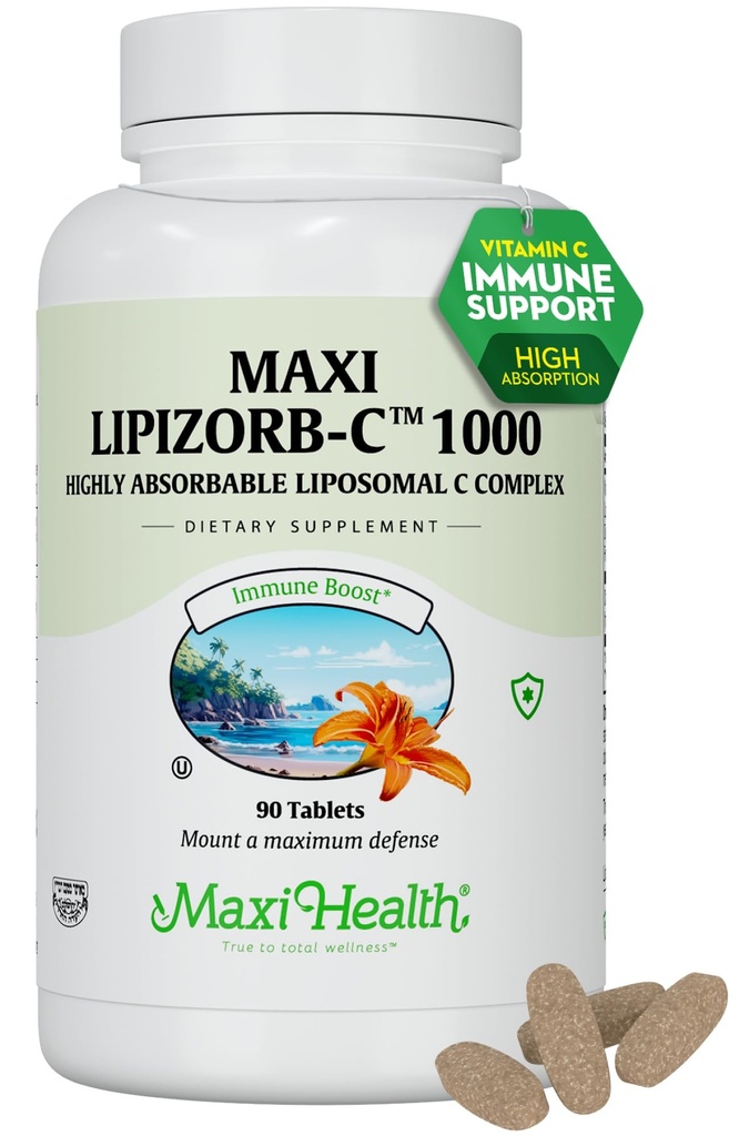 Maxi Health Lipomal Vitamin C 100mg Tablet dengan Digetical Blend, High Dose VitaminC yang sangat Absorbable, Non GMO Kosher Vegetarian Doctor- Formulasi Dukungan Immune (90 Count)