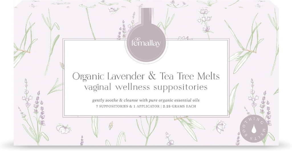 Femallay Organic Lavender dan Tea Tree Tree Vaginal Cleansinal Suppotory for Hygiene, 100% Natural Melts for Feminine Care, Great for Dryness and More, 7 Individually-Sealled Melts + 1 Applicator