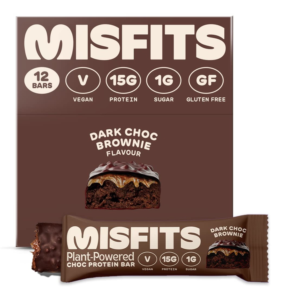 Misfits Vegan Protein Bars, Dark Chocolate Brownie - Original Recipe 124; Gluten Free, Plant Based, Low Sugar & Carb, High Fiber Snacks 124; Paket 12