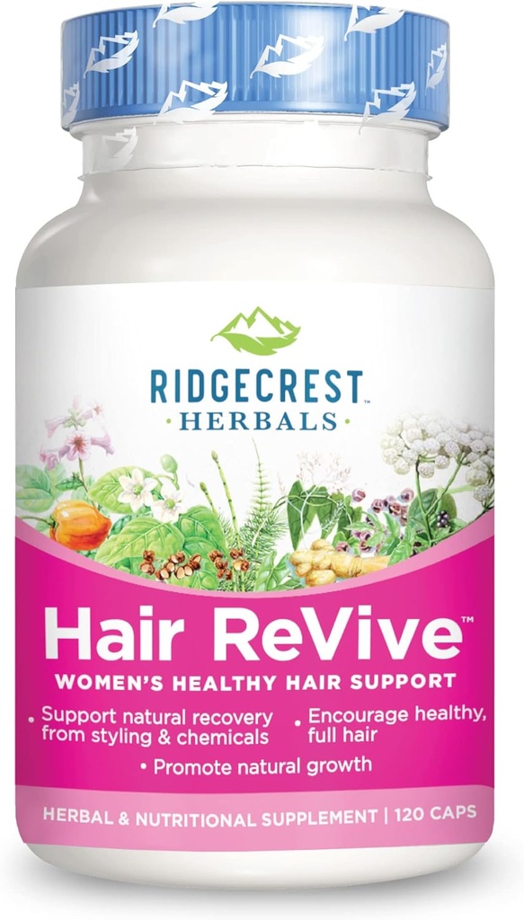RidgeCrest Herbals Revive, Nutrational Hair Suplemen dengan Vitamin C, Biotin (6000mcg), Zinc, dan Copper, Vitamin Rambut untuk Perempuan untuk Mendukung Rambut Healthy, Kulit, dan Nails (120 Caps, 30 Pelayan)