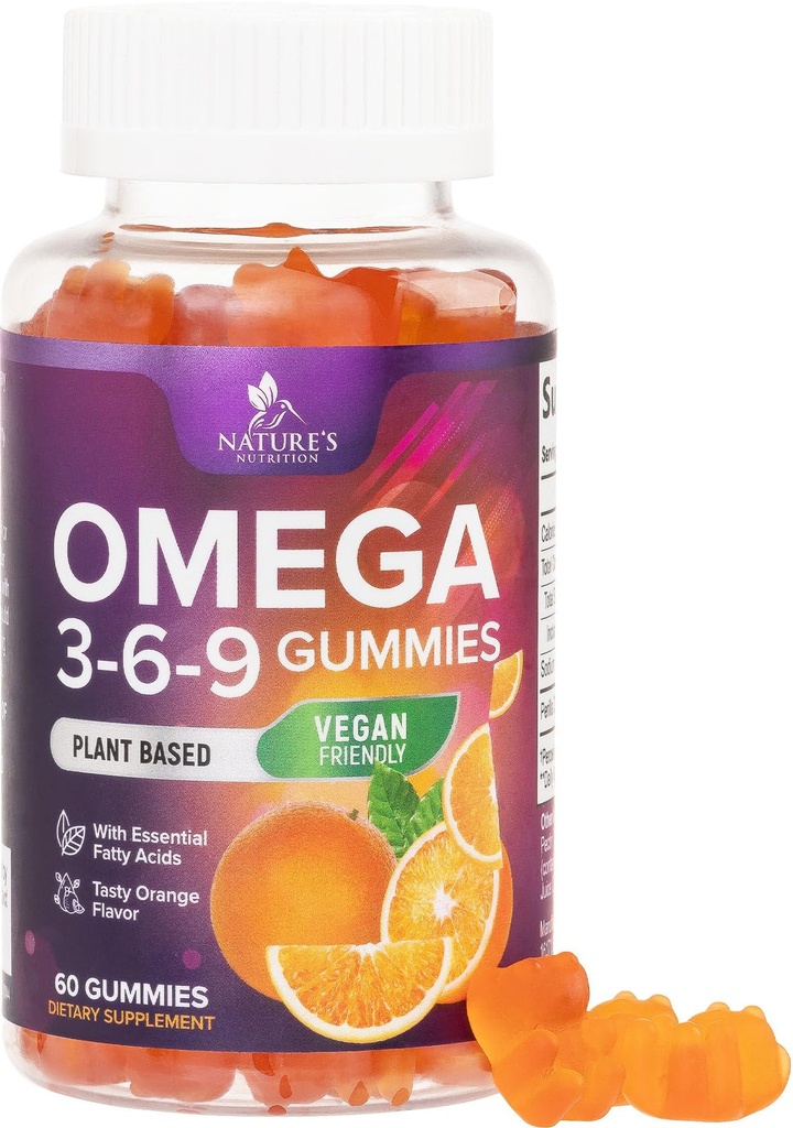 Omega 3 6 9 Gummies - Vegan Omega 3 Supplement Gummy - Estious Acids Oil 369 Complex Heart Dukungan & Brain Dukungan untuk Perempuan, Pria & Pregnancy, Fish Free Non-GMO, Orange Flavored - 60 Gummies