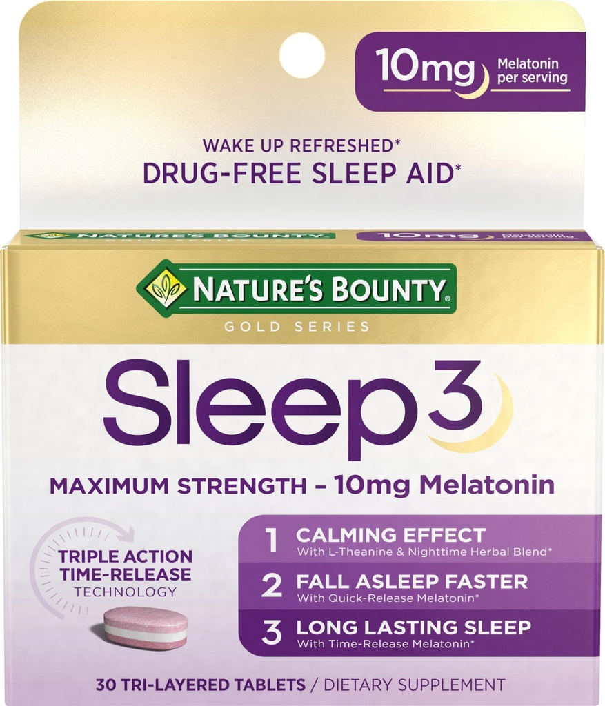 Nature 's Bounty Melonatin, Sleep3 Maximum Kekuatan 100% Obat Free Sleep Aid, L- Theanine & Nighttime Herbal Blast Time Rilis Technology, 10mg, 30 Tri- Labered Tablet