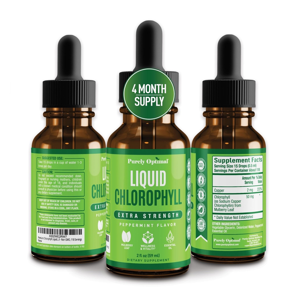 Premium Chlorofil Liquid Drops - 100% Natural & Gluten Free Liquid Chlorofil - Non GMO, 118 Servings