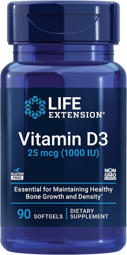 Ekstensi Hidup Vitamin D3 25 mcg (1000 IU), Dukungan Sistem Imune, Kesehatan Tulang, Kesehatan Tubuh, Nilai Ukuran, Bebas Gluten- GMO, 90 softgels