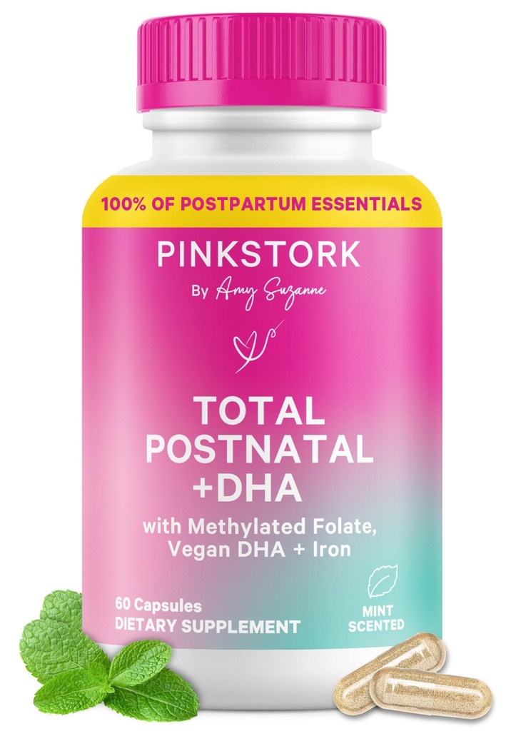 Pink Stork Total Postnatal Vitamin for Women 124; Vegan DHA, Methylated Folate, Iron, + Vitamin B12 124; Postpartum Recovery Essentials + Breasting Support 124; Mint, 1 Bulan Supply