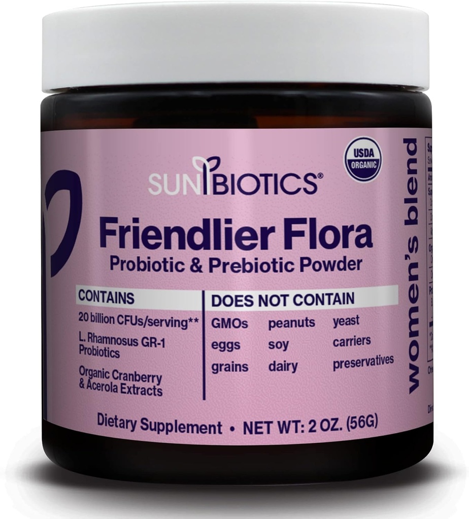 SUNBIOTICS Friendlier Flora - Women 's Blend, 20 Milyar CFU of 6 Strains Probiotic, Women' s Daily Digetical Vaginal & Imune Health, Non- GMO dan Gluten Free, 2 Ounce