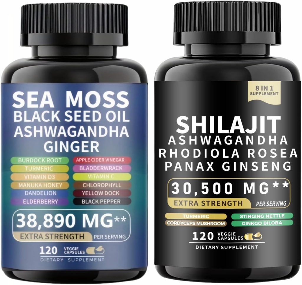 Sea Moss and shilajit Sea Moss Black Seed Oil Ashwagandha Ginger & shilajit rhodiola rosea panax Ginseng (120 Count)