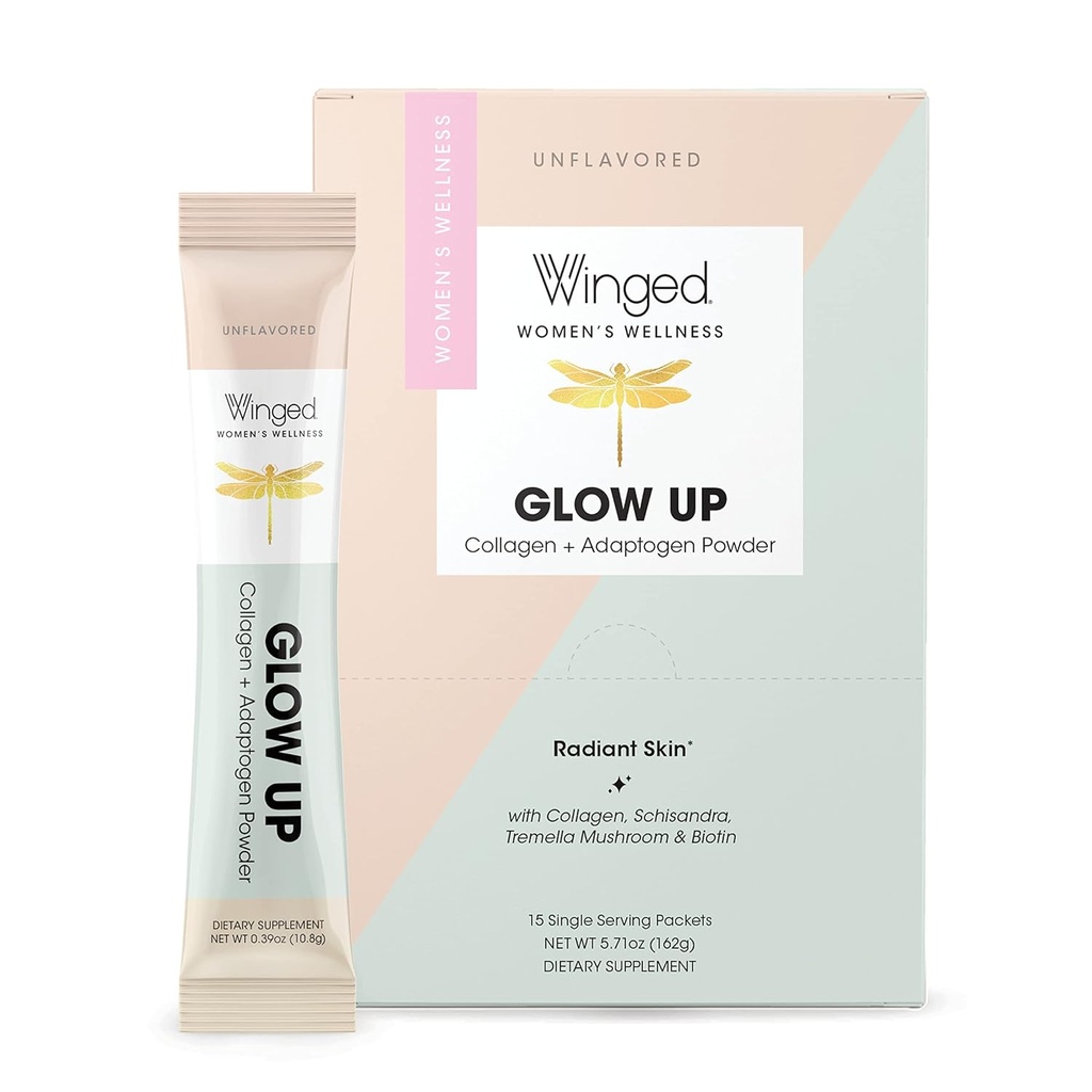 Winged Glow Up Collagen Powder; Better Hair, Skin, Nails For Women 124; Grass Fed Collagen W / Adaptogen Schisandra, Snow Mushroom, Vitamin C & Biotin