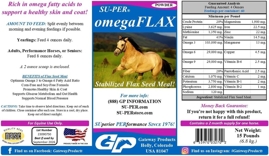SU-PER OmegaFLAX Flax for Horses - Premium Stabilized Flax Seal & Omega 3 Supplemen - Support Healthy Skin & Coat - 15 Pound
