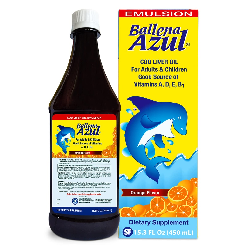 Ballena Azul Aceite de Hígado de Bacalo para Adultos y Niños, COD Liver Oil untuk Orang Dewasa dan Anak-anak, Sumber Baik Vitamin A, D, E, B1, Dietary Supplemen, Omega 3, Inmune System Boost (ORANGE 15 OZ)
