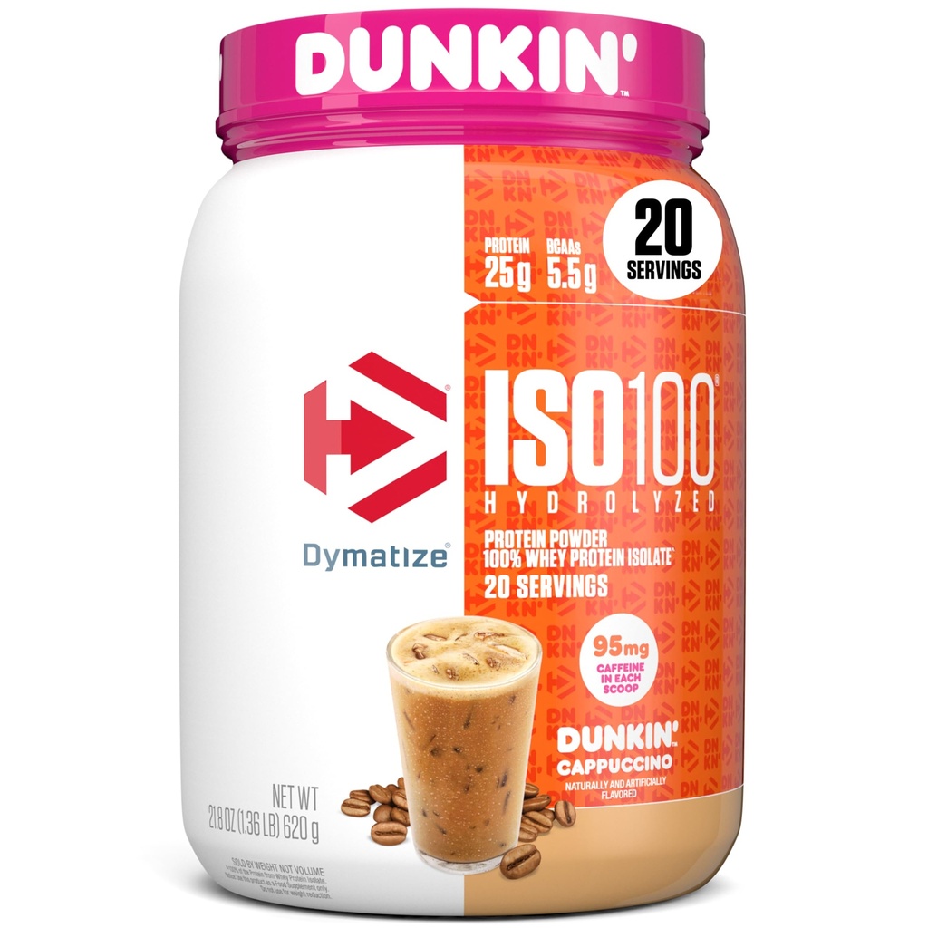 dymatize x Dunkin 'Cappuccino ISO100 Whey Protein Powder, 95mg Caffeine, 25g dari Protin5.5g BCAAs, 120 Cal., Gluten Free, 1g Fat, 1g Sugar, 2g Carb (20 Pelayan)