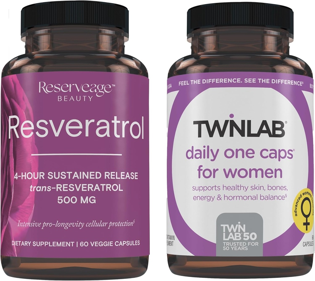 Reveage Beauty Resveratrol 500 mg - Sustained- Transport Resveratrol - Vegan Antioksidant Support untuk Brain & Heart Health 60 Capsules & Twinlab TWL Women 's Daily One 60 ct