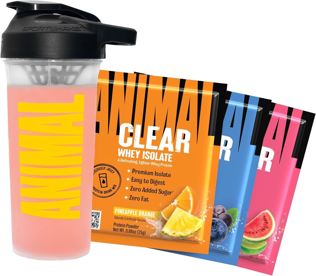 Animal Clear Whey Protein Isolate Sampler Sampler Sampler & Shaker Bottle - Deliciously Juicy 20g Protein, Watermelon Limeade, Blueberry Acai, Pineapple Orange, 3 Single Packets