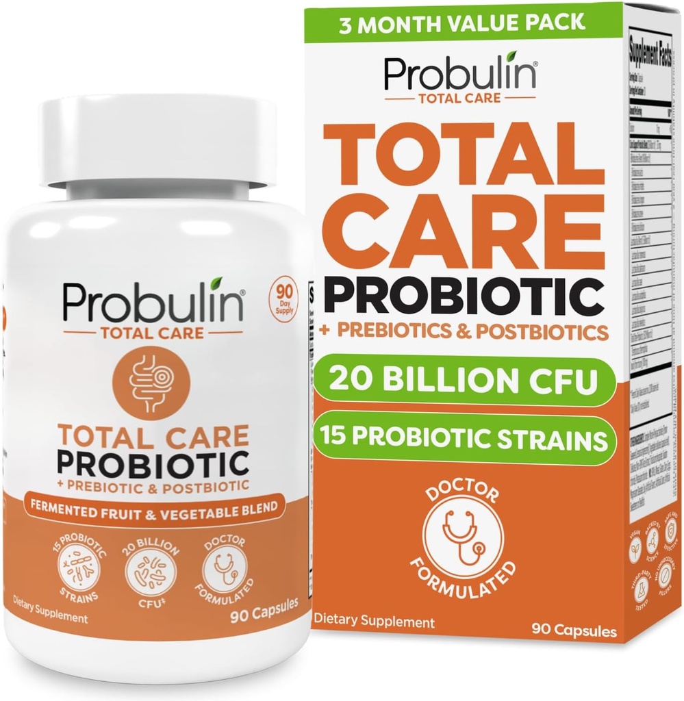 Probulin Total Care Probiotic Suplement, Daily Gut, Digetsy, dan Ammune Health Prosules Kapsul untuk Pria dan Wanita, 20 Milyar CFU, Vegan, 90 Count Bottle